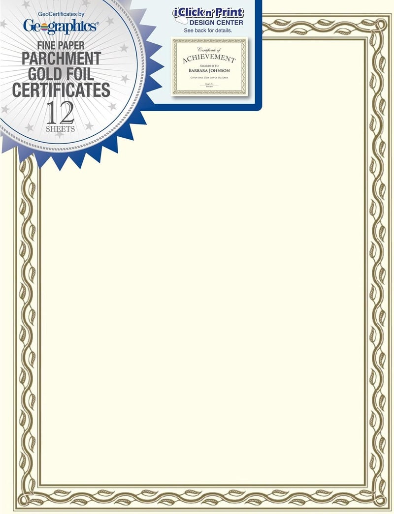 Geographics Parchment Certificates, 8-1/2" x 11", Serpentine Gold Foil, Pack Of 12 - Image 1
